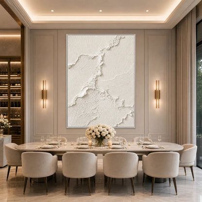 Riven hand-painted white and soft beige textured ocean wave painting shown with black frame