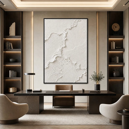 Riven hand-painted white and soft beige textured ocean wave painting shown with wood frame