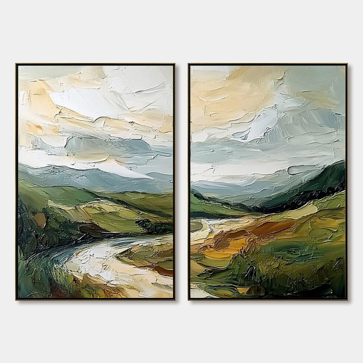 River Valley Duet hand-painted slate blue, ivory and soft grey textured mountain river landscape painting rolled canvas option