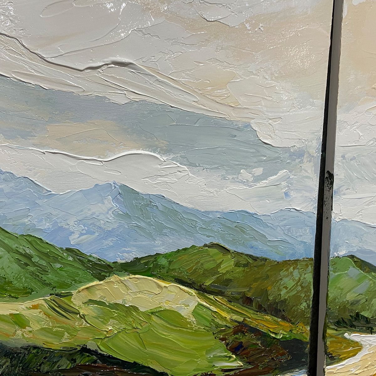 River Valley Duet hand-painted slate blue, ivory and soft grey textured mountain river landscape painting shown with silver frame
