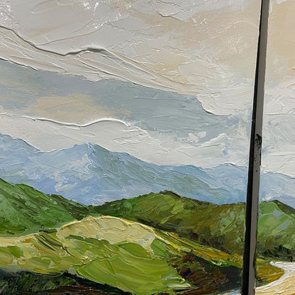 River Valley Duet hand-painted slate blue, ivory and soft grey textured mountain river landscape painting shown with silver frame