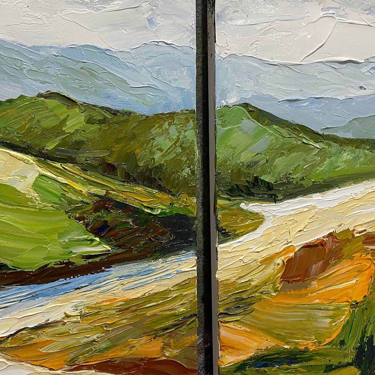 River Valley Duet hand-painted slate blue, ivory and soft grey textured mountain river landscape painting shown with wood frame
