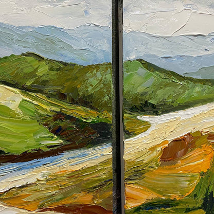 River Valley Duet hand-painted slate blue, ivory and soft grey textured mountain river landscape painting shown with wood frame