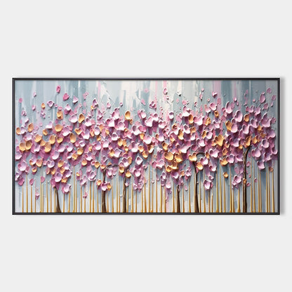 Rosewood Dawn hand-painted gold and pink textured blossom tree painting rolled canvas option
