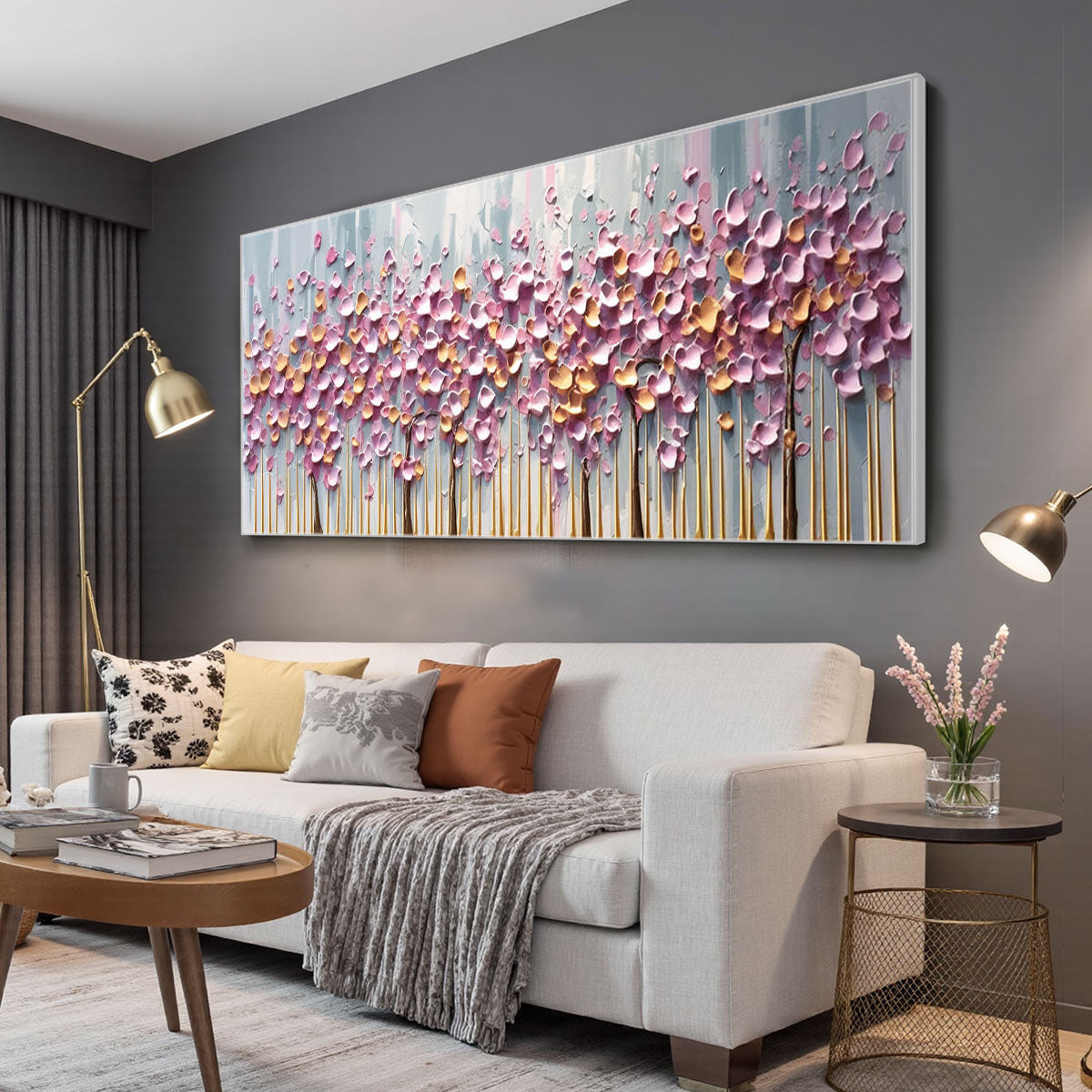 Rosewood Dawn hand-painted gold and pink textured blossom tree painting shown with silver frame
