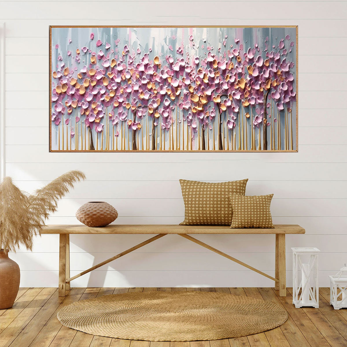 Rosewood Dawn hand-painted gold and pink textured blossom tree painting shown with white frame