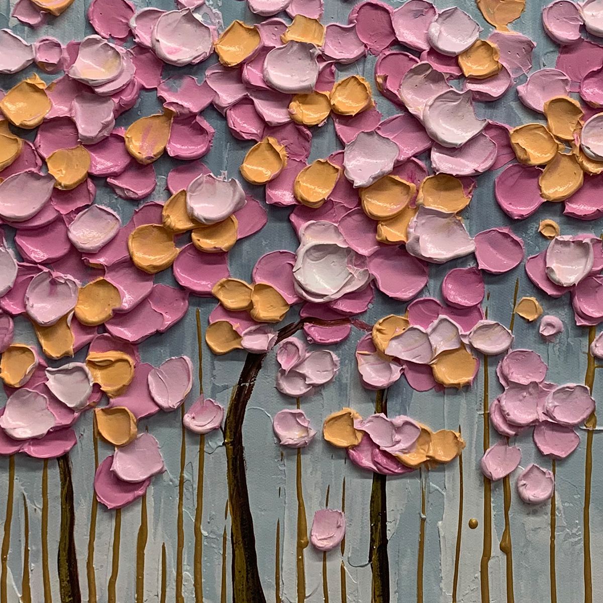Rosewood Dawn hand-painted gold and pink textured blossom tree painting shown with black frame
