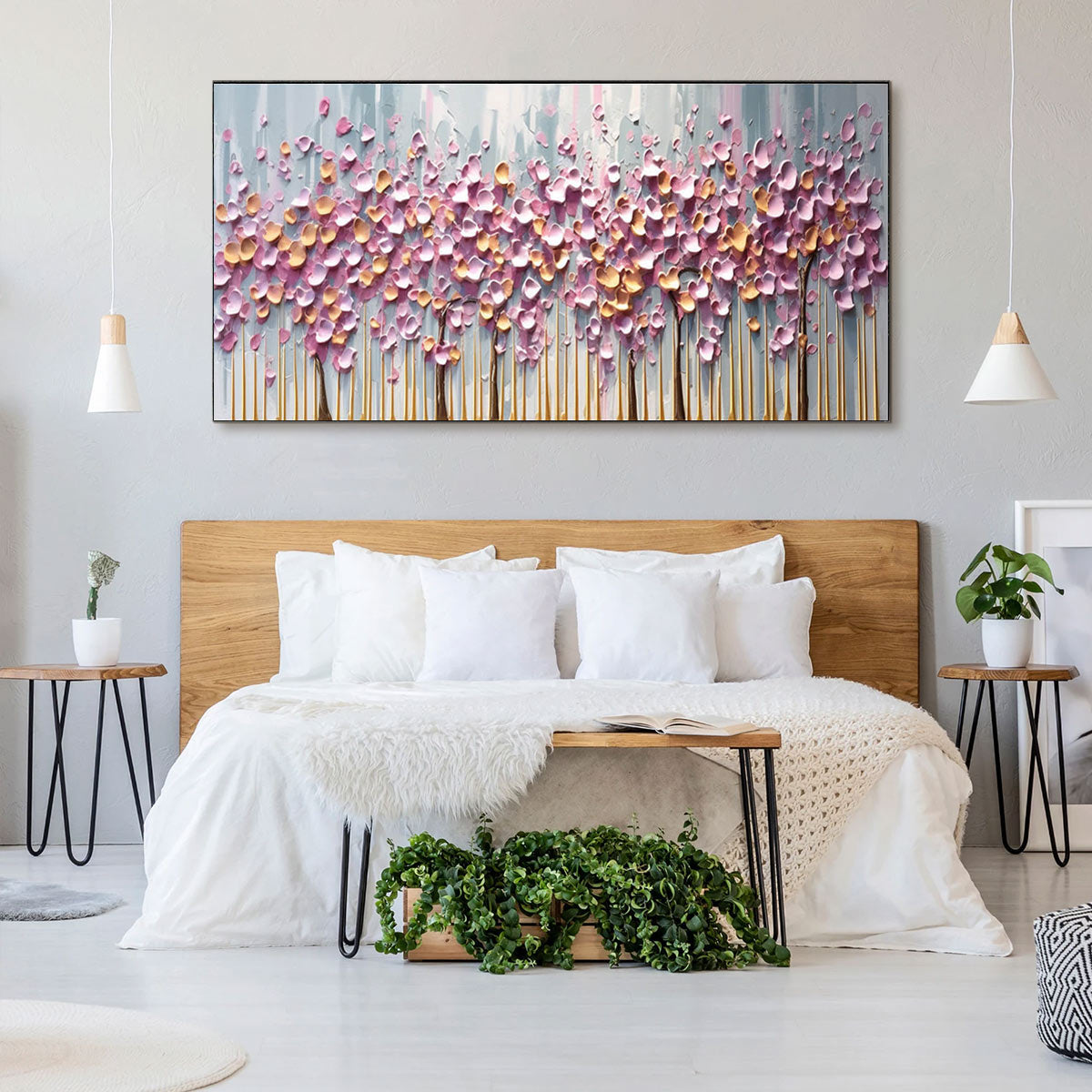 Rosewood Dawn hand-painted gold and pink textured blossom tree painting shown with wood frame