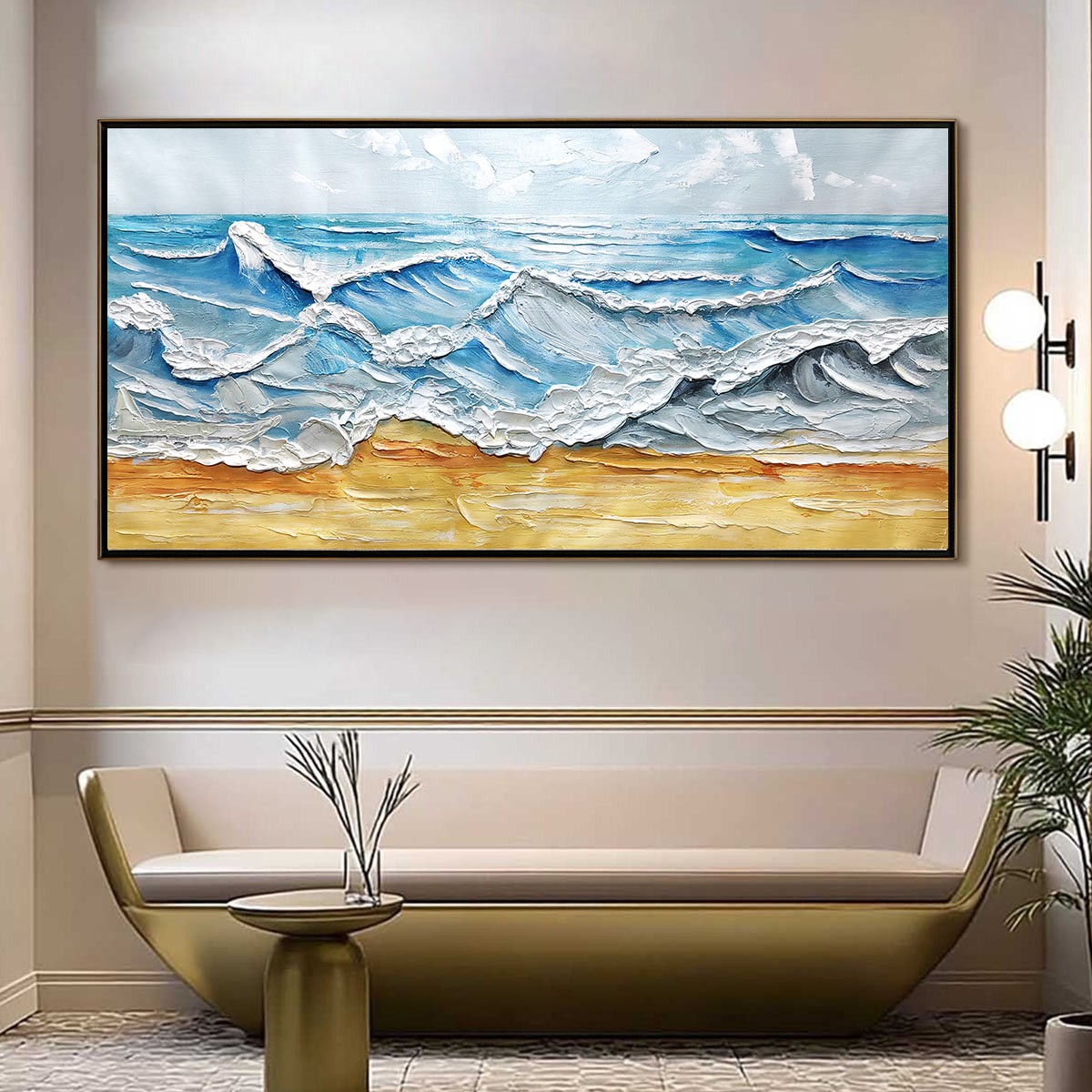 Ocean's Embrace hand-painted ocean blue, ivory and soft neutral tones textured seascape painting rolled canvas option
