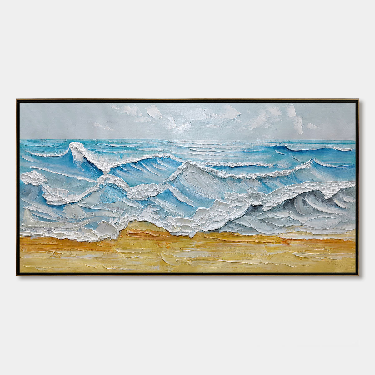 Ocean's Embrace hand-painted ocean blue, ivory and soft neutral tones textured seascape painting shown with silver frame