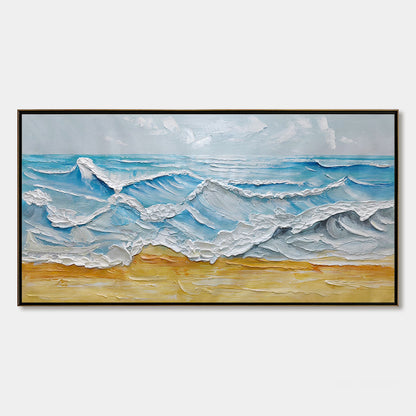 Ocean's Embrace hand-painted ocean blue, ivory and soft neutral tones textured seascape painting shown with silver frame