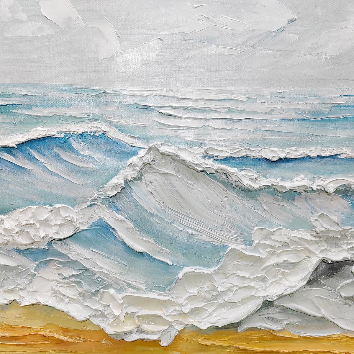 Ocean's Embrace hand-painted ocean blue, ivory and soft neutral tones textured seascape painting shown as stretched canvas