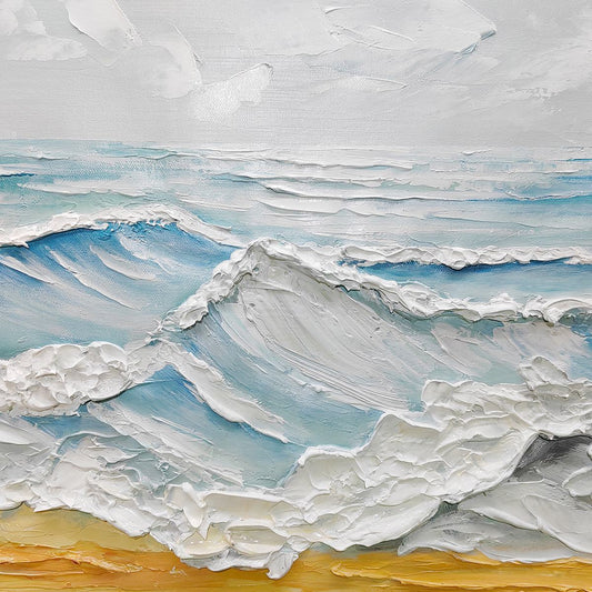 Ocean's Embrace hand-painted ocean blue, ivory and soft neutral tones textured seascape painting shown as stretched canvas