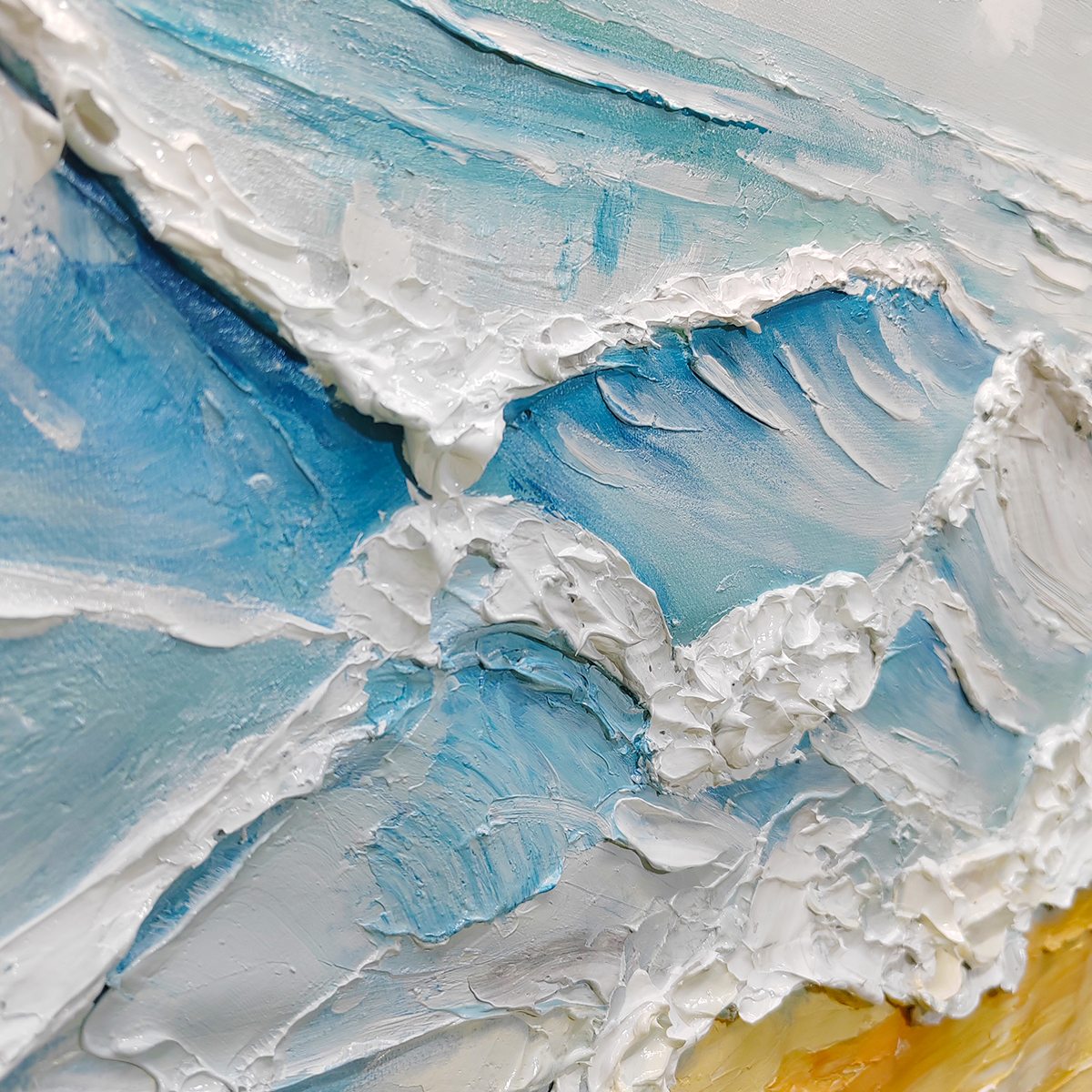 Ocean's Embrace hand-painted ocean blue, ivory and soft neutral tones textured seascape painting shown with white frame