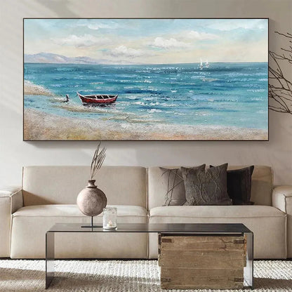 Red Boat At The Shore hand-painted red and ivory textured coastal landscape painting shown as stretched canvas