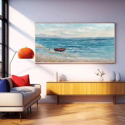 Red Boat At The Shore hand-painted red and ivory textured coastal landscape painting rolled canvas option