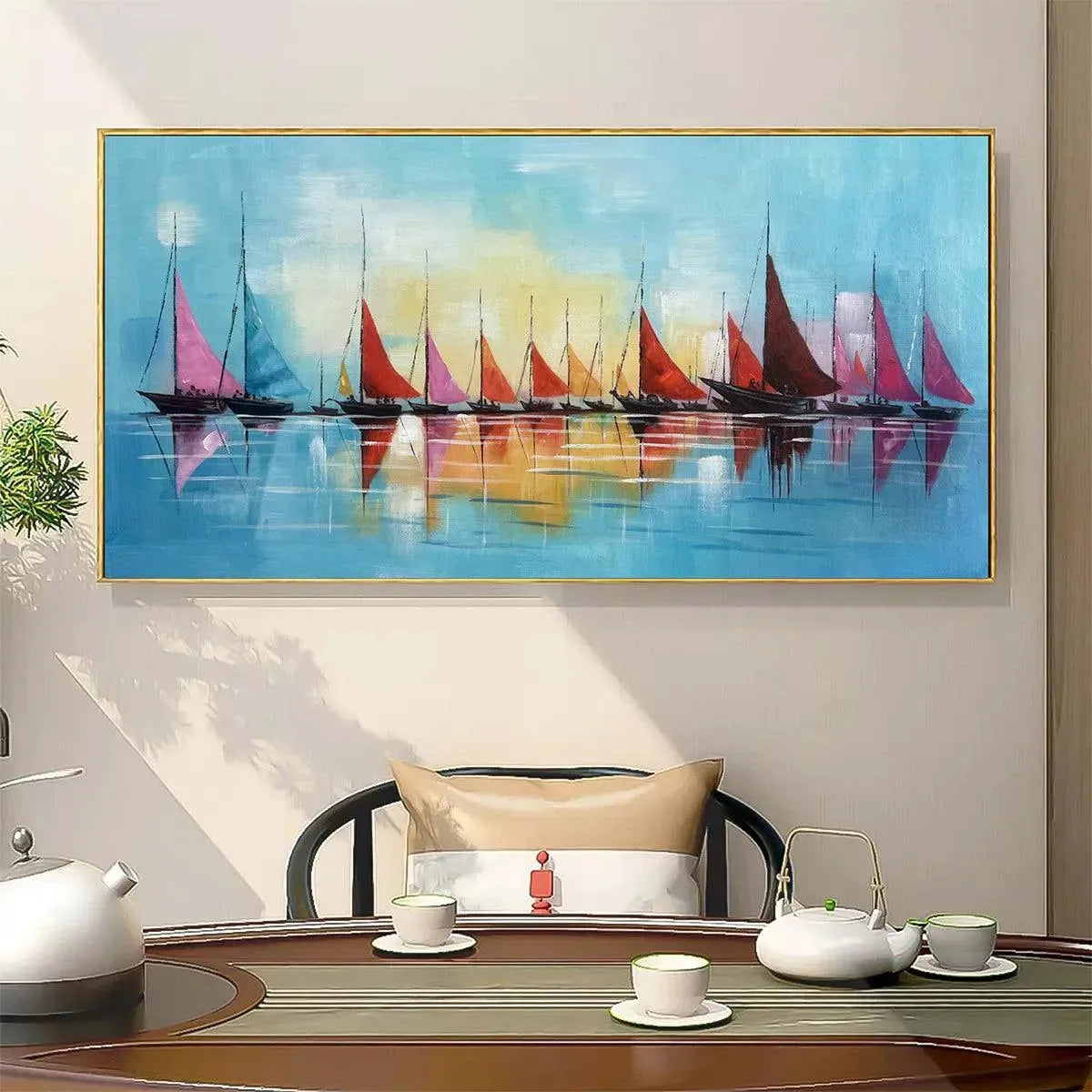 Regatta hand-painted ocean blue and orange textured sailboat seascape painting rolled canvas option