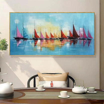 Regatta hand-painted ocean blue and orange textured sailboat seascape painting rolled canvas option