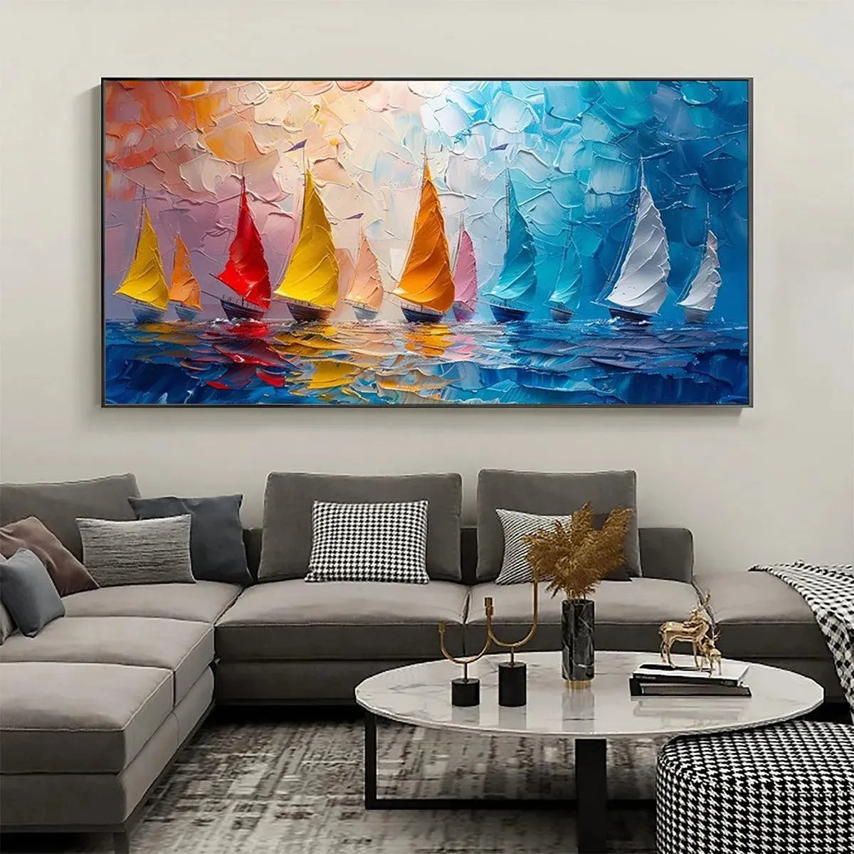 Regatta hand-painted ocean blue, ivory and soft neutral tones textured sailboat seascape painting shown as stretched canvas