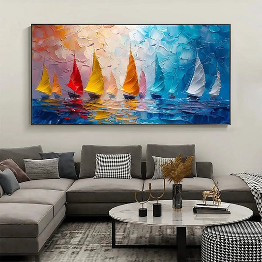 Regatta hand-painted ocean blue, ivory and soft neutral tones textured sailboat seascape painting shown as stretched canvas