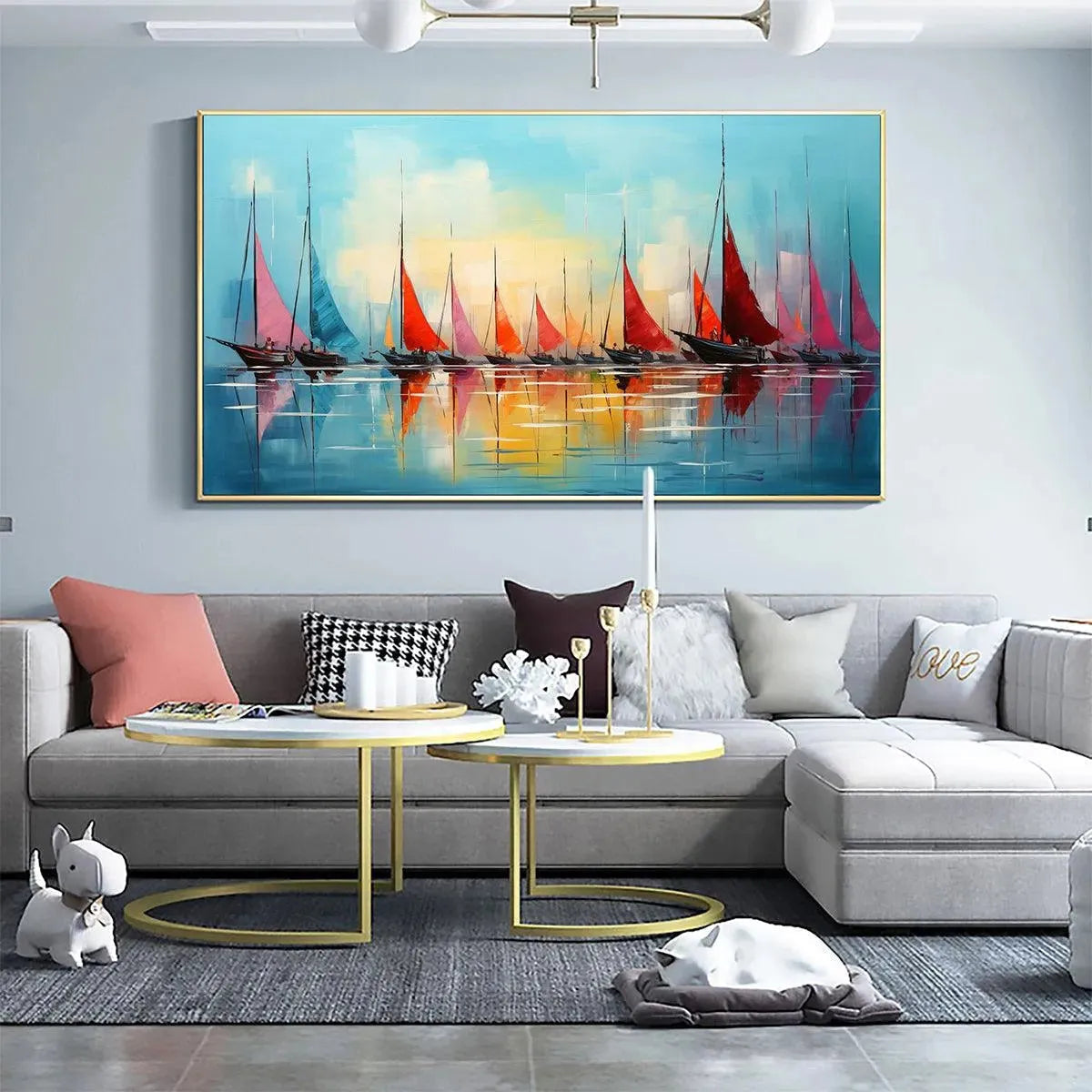 Regatta At Dawn hand-painted ocean blue, ivory and soft neutral tones textured sailboat seascape painting rolled canvas option