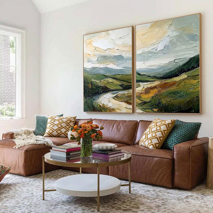 River Valley Duet hand-painted slate blue, ivory and soft grey textured mountain river landscape painting shown as stretched canvas