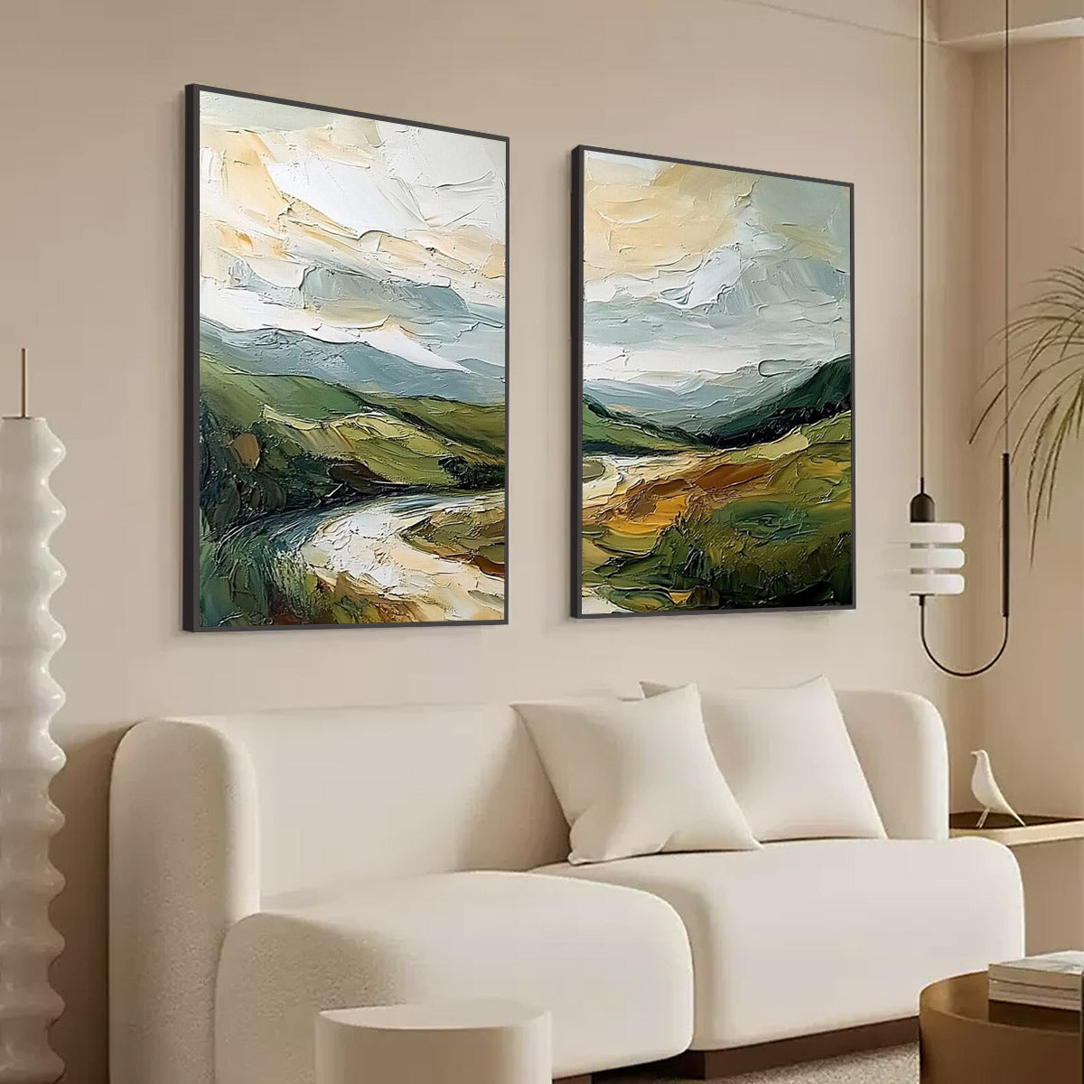 River Valley Duet hand-painted slate blue, ivory and soft grey textured mountain river landscape painting rolled canvas option