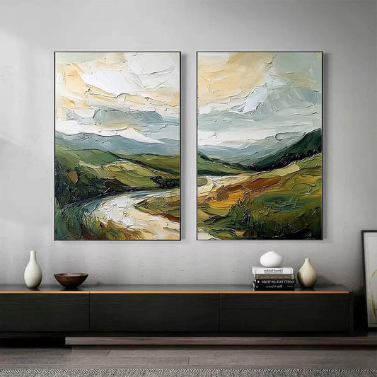 River Valley Duet hand-painted slate blue, ivory and soft grey textured mountain river landscape painting shown as stretched canvas