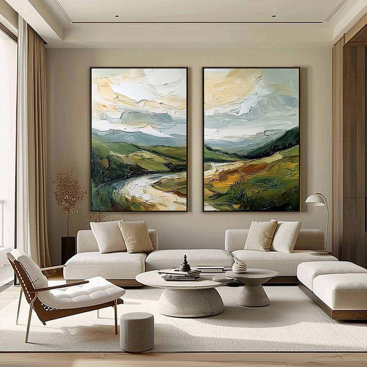 River Valley Duet hand-painted slate blue, ivory and soft grey textured mountain river landscape painting shown with white frame