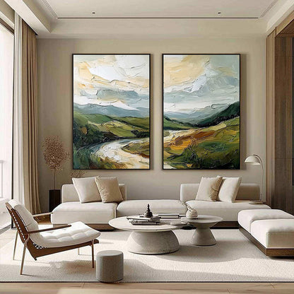 River Valley Duet hand-painted slate blue, ivory and soft grey textured mountain river landscape painting shown with white frame