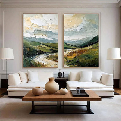 River Valley Duet hand-painted slate blue, ivory and soft grey textured mountain river landscape painting shown with black frame