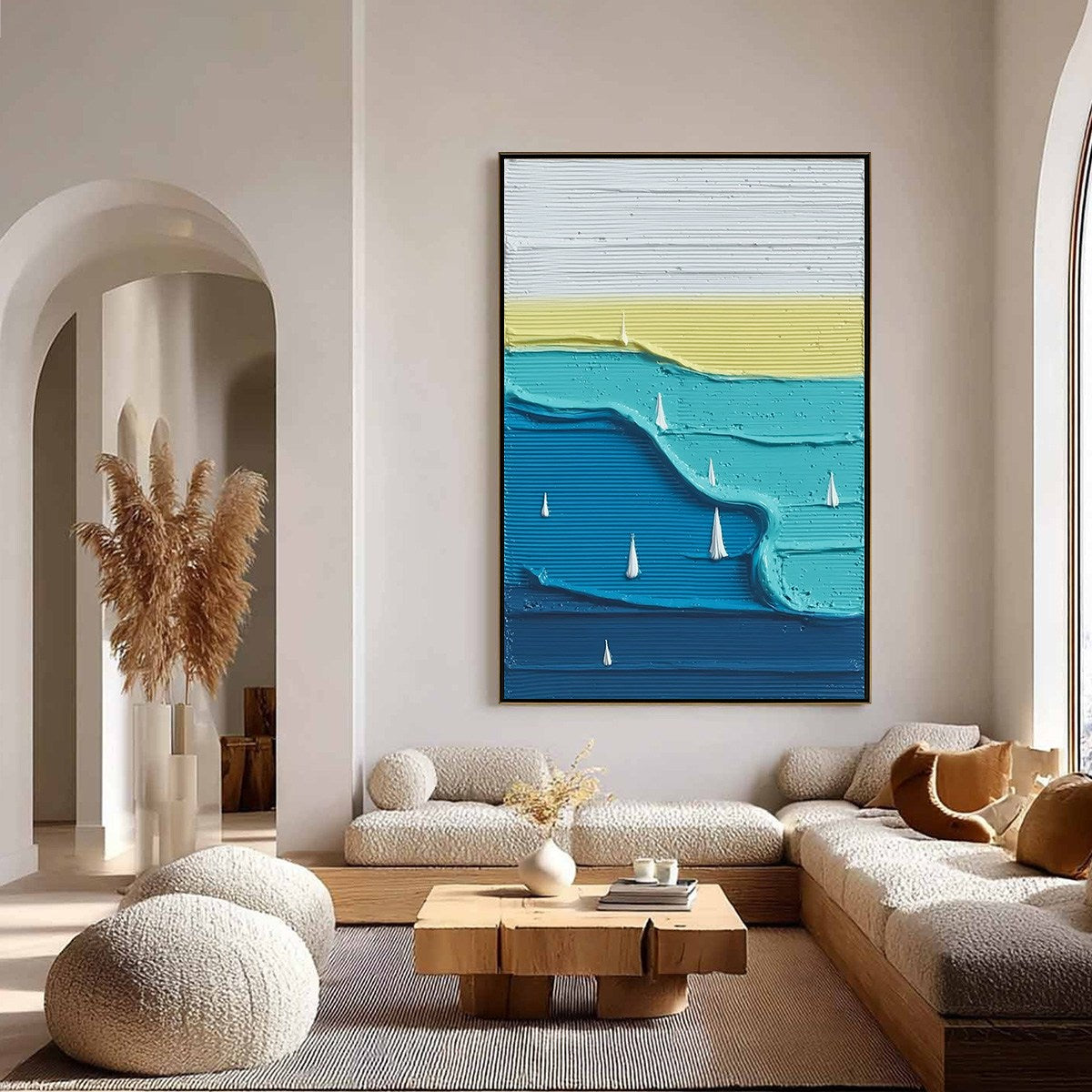 Sailboat Serenity hand-painted white and azure blue textured sailboat seascape painting shown with silver frame