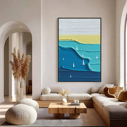 Sailboat Serenity hand-painted white and azure blue textured sailboat seascape painting shown with silver frame