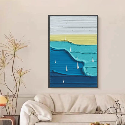 Sailboat Serenity hand-painted white and azure blue textured sailboat seascape painting shown with black frame