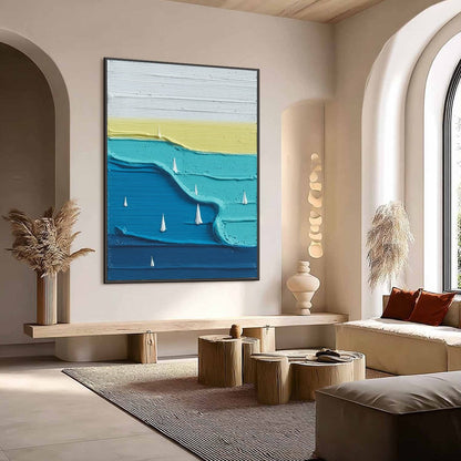 Sailboat Serenity hand-painted white and azure blue textured sailboat seascape painting shown with wood frame
