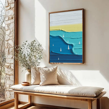 Sailboat Serenity hand-painted white and azure blue textured sailboat seascape painting rolled canvas option