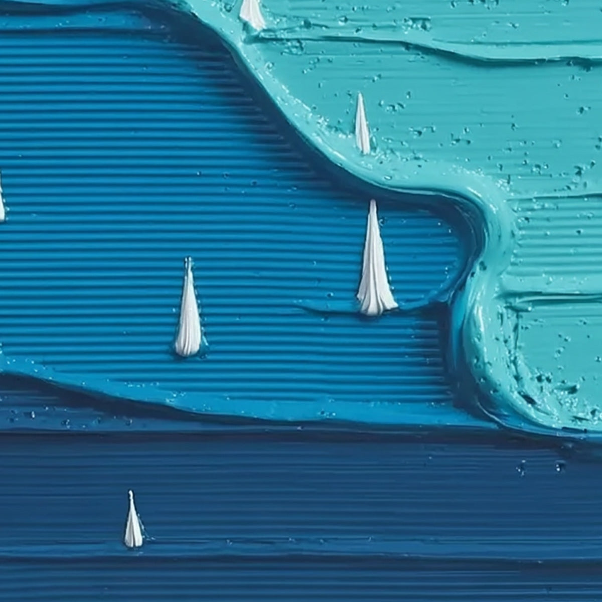 Sailboat Serenity hand-painted white and azure blue textured sailboat seascape painting shown with white frame