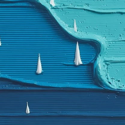 Sailboat Serenity hand-painted white and azure blue textured sailboat seascape painting shown with white frame