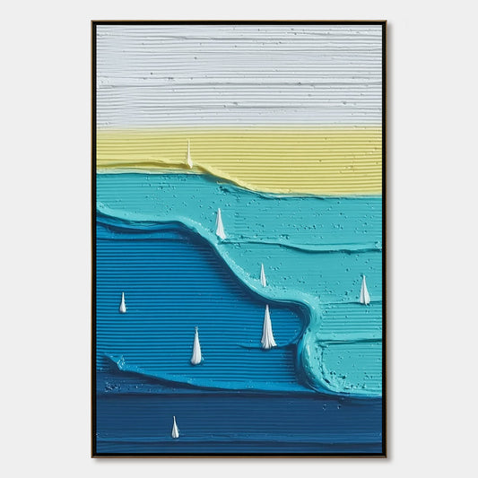 Sailboat Serenity hand-painted white and azure blue textured sailboat seascape painting rolled canvas option