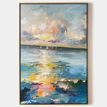 Sailboats At Sunset hand-painted ocean blue, ivory and soft neutral tones textured sailboat seascape painting rolled canvas option