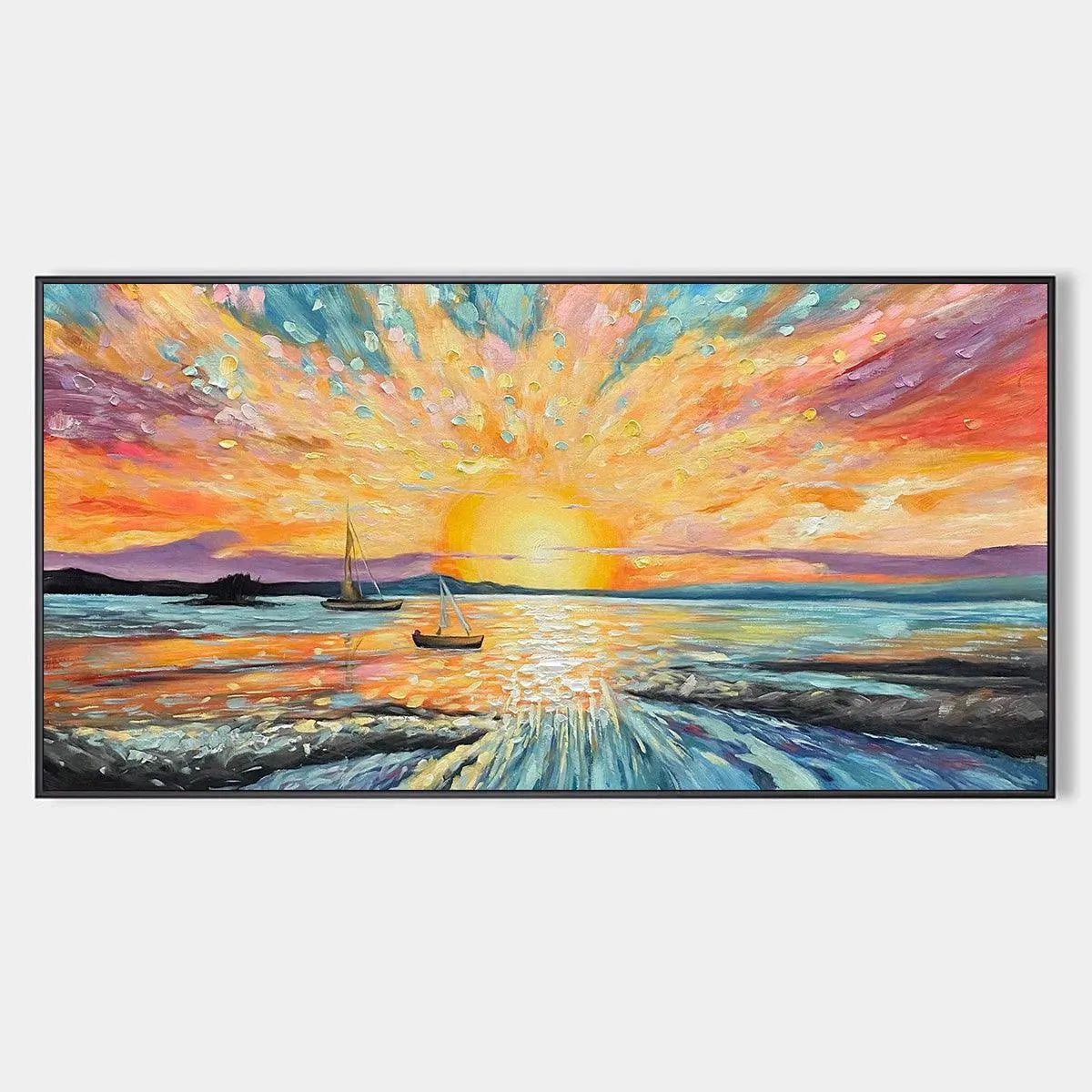 Sailing At Sunset hand-painted ocean blue, ivory and soft neutral tones textured sailboat seascape painting rolled canvas option