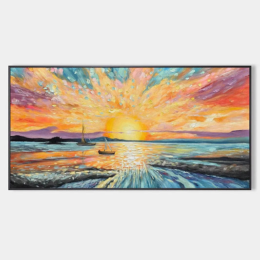 Sailing At Sunset hand-painted ocean blue, ivory and soft neutral tones textured sailboat seascape painting rolled canvas option