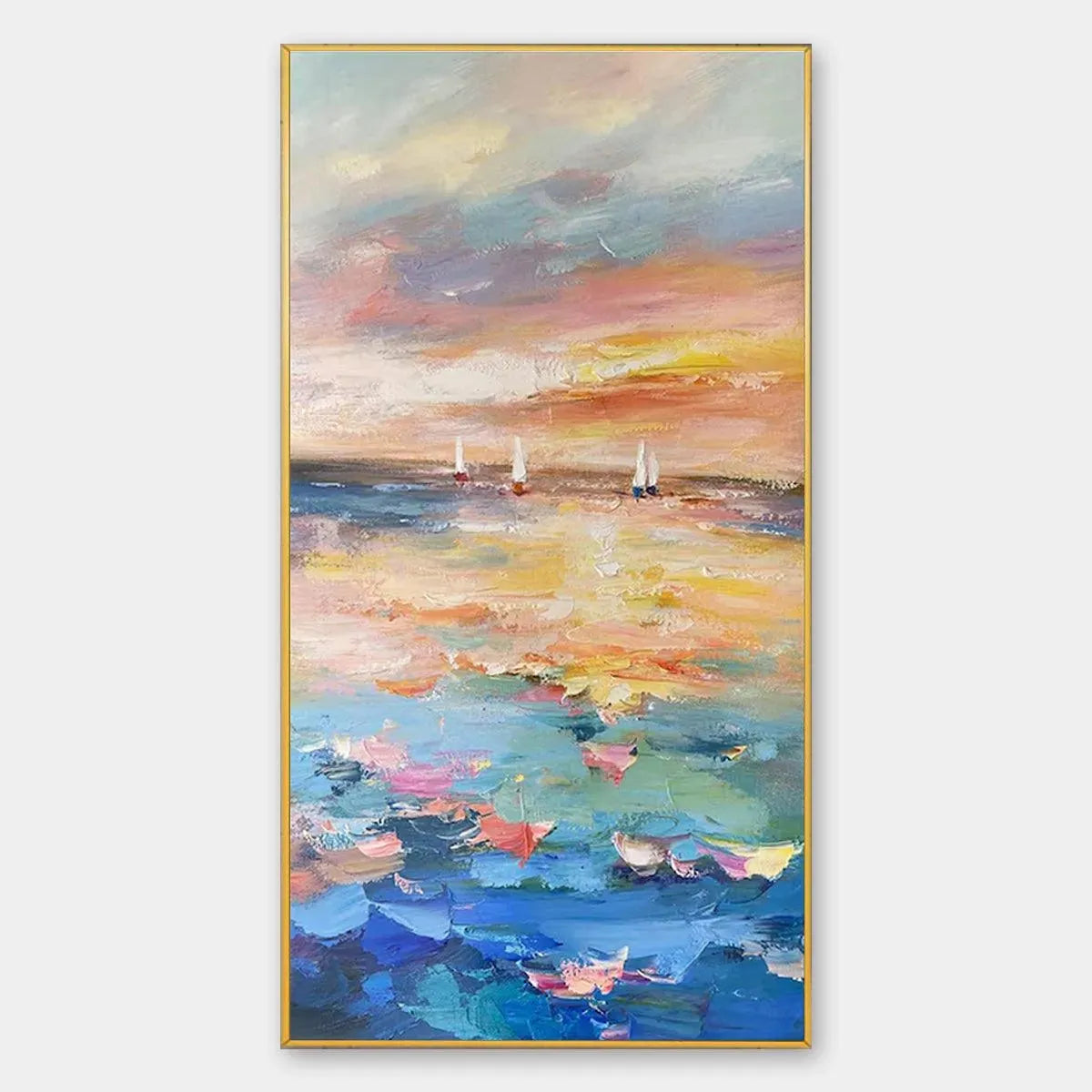 Sailing At Sunset hand-painted ocean blue, ivory and soft neutral tones textured sailboat seascape painting rolled canvas option