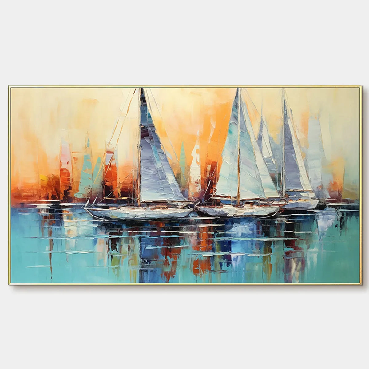 Sailing At Sunset hand-painted ocean blue and orange textured sailboat seascape painting rolled canvas option