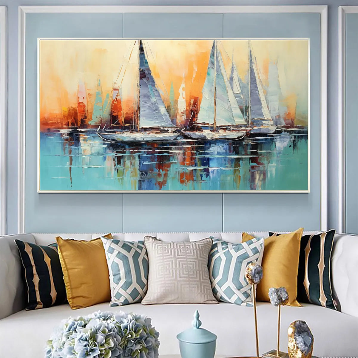 Sailing At Sunset hand-painted ocean blue and orange textured sailboat seascape painting shown as stretched canvas