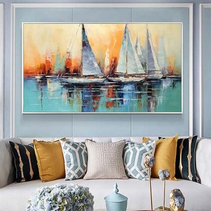 Sailing At Sunset hand-painted ocean blue and orange textured sailboat seascape painting shown as stretched canvas