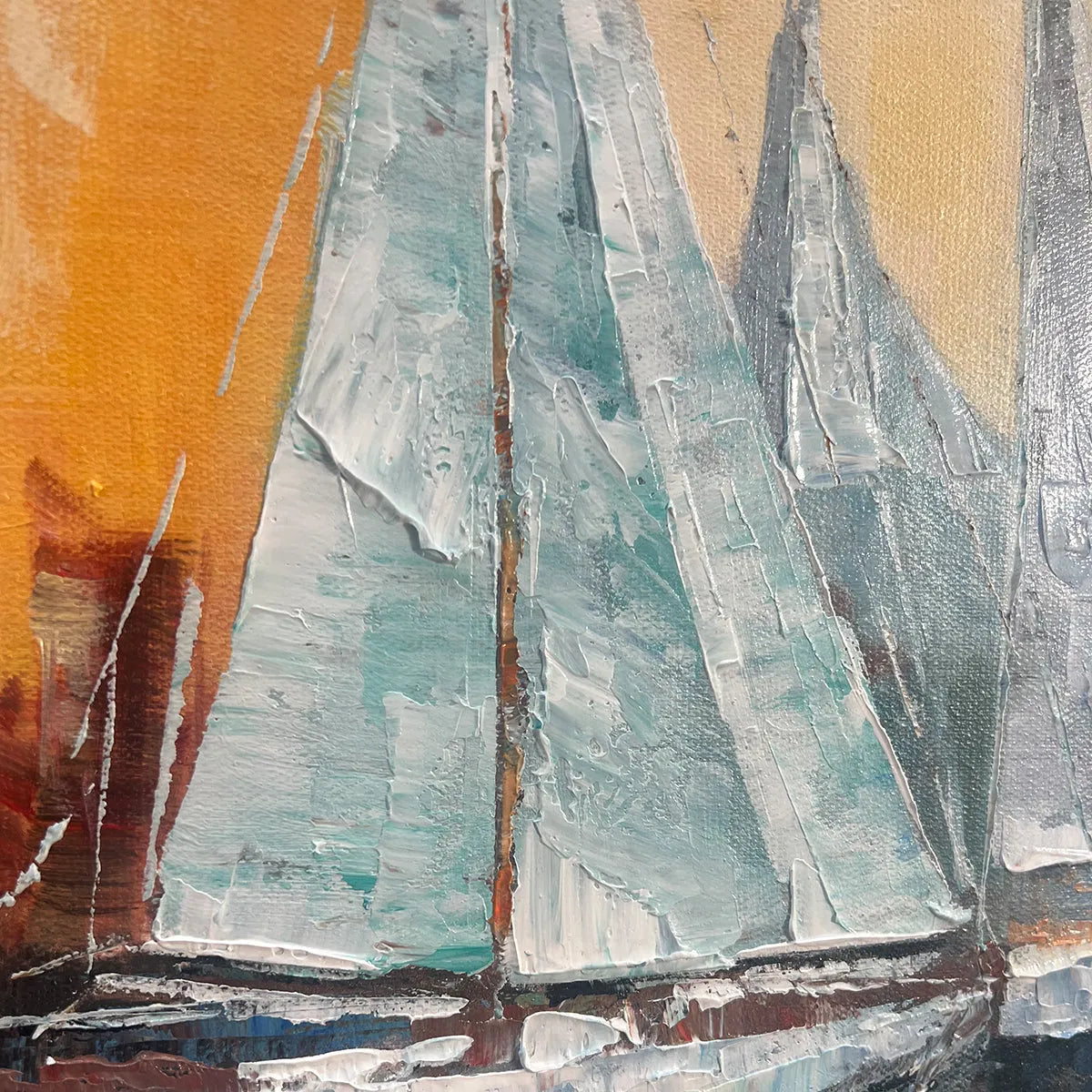 Sailing At Sunset hand-painted ocean blue and orange textured sailboat seascape painting shown with silver frame