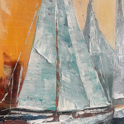 Sailing At Sunset hand-painted ocean blue and orange textured sailboat seascape painting shown with silver frame