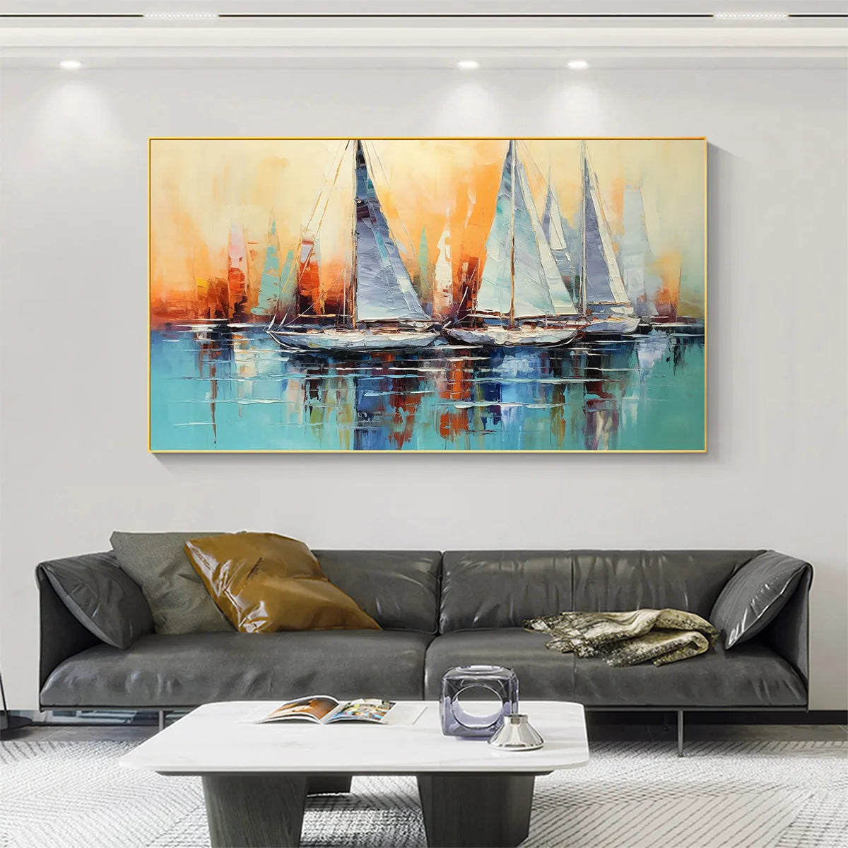 Sailing At Sunset hand-painted ocean blue and orange textured sailboat seascape painting shown with white frame