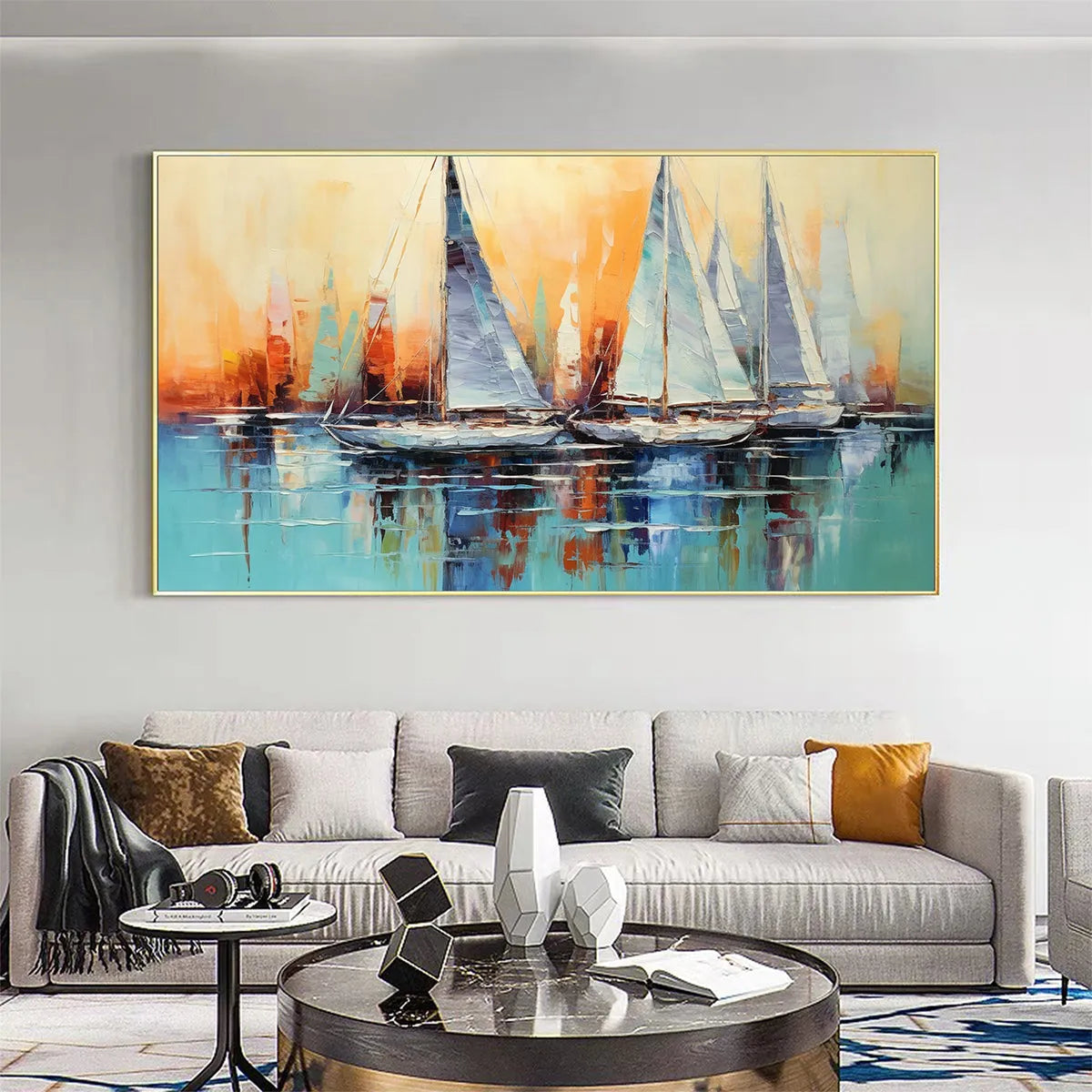 Sailing At Sunset hand-painted ocean blue and orange textured sailboat seascape painting shown with black frame
